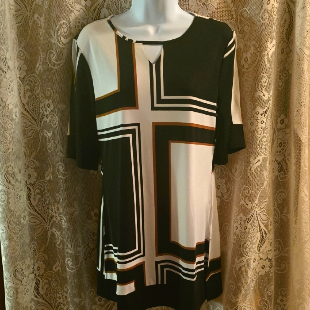 New Anthony Original Women's Size Small Black White Brown Geometric Tunic‎ Top